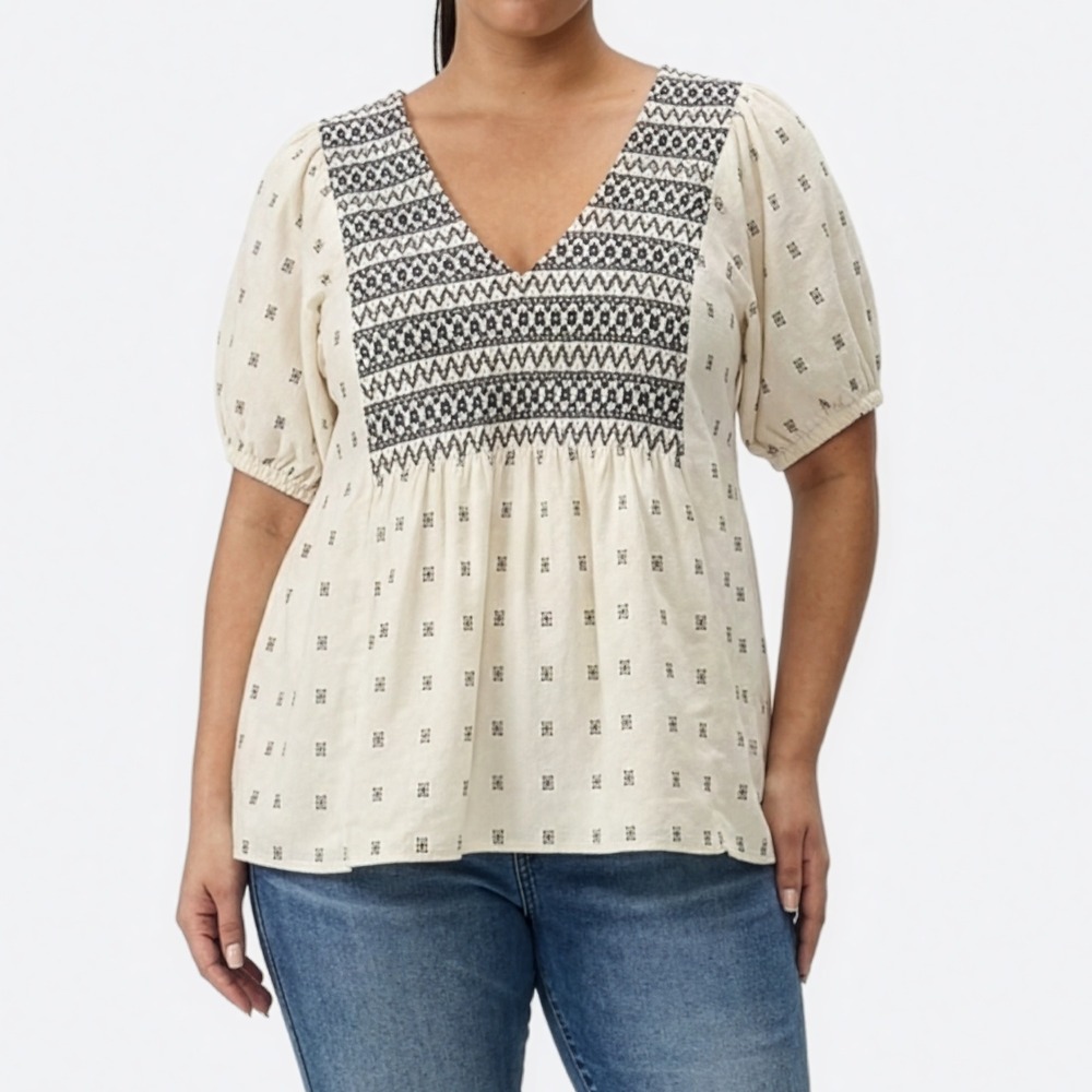 Madewell 100% Cotton Smocked Peasant Top L 0X 12 14 Embroidered Ivory Navy Blue